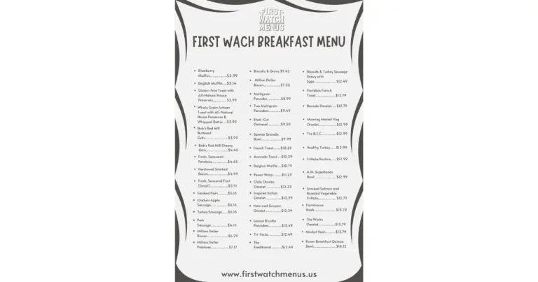 First Watch breakfast menu featuring fresh omelettes, pancakes, avocado toast, and classic breakfast items.