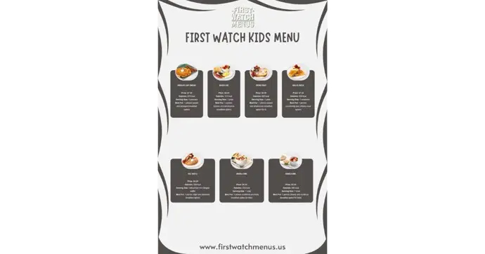 Healthy and delicious First Watch Kids Menu items including pancakes, waffles, eggs, and oatmeal