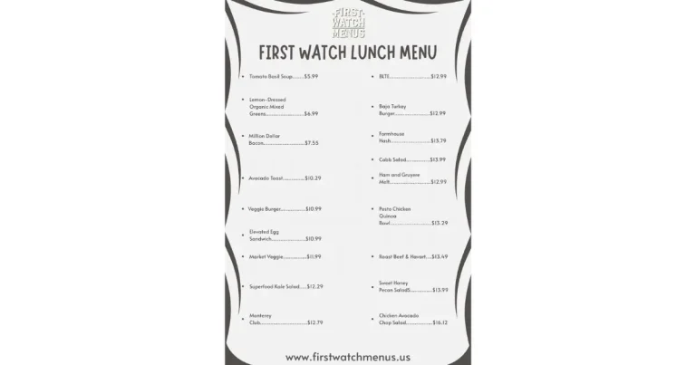 First Watch lunch menu with sandwiches, salads, and bowls