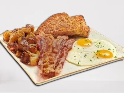 First Watch The Traditional - two cage-free eggs any style, served with your choice of bacon, smoked ham, chicken sausage patties, turkey or pork sausage links, whole grain artisan toast, and fresh seasoned potatoes.